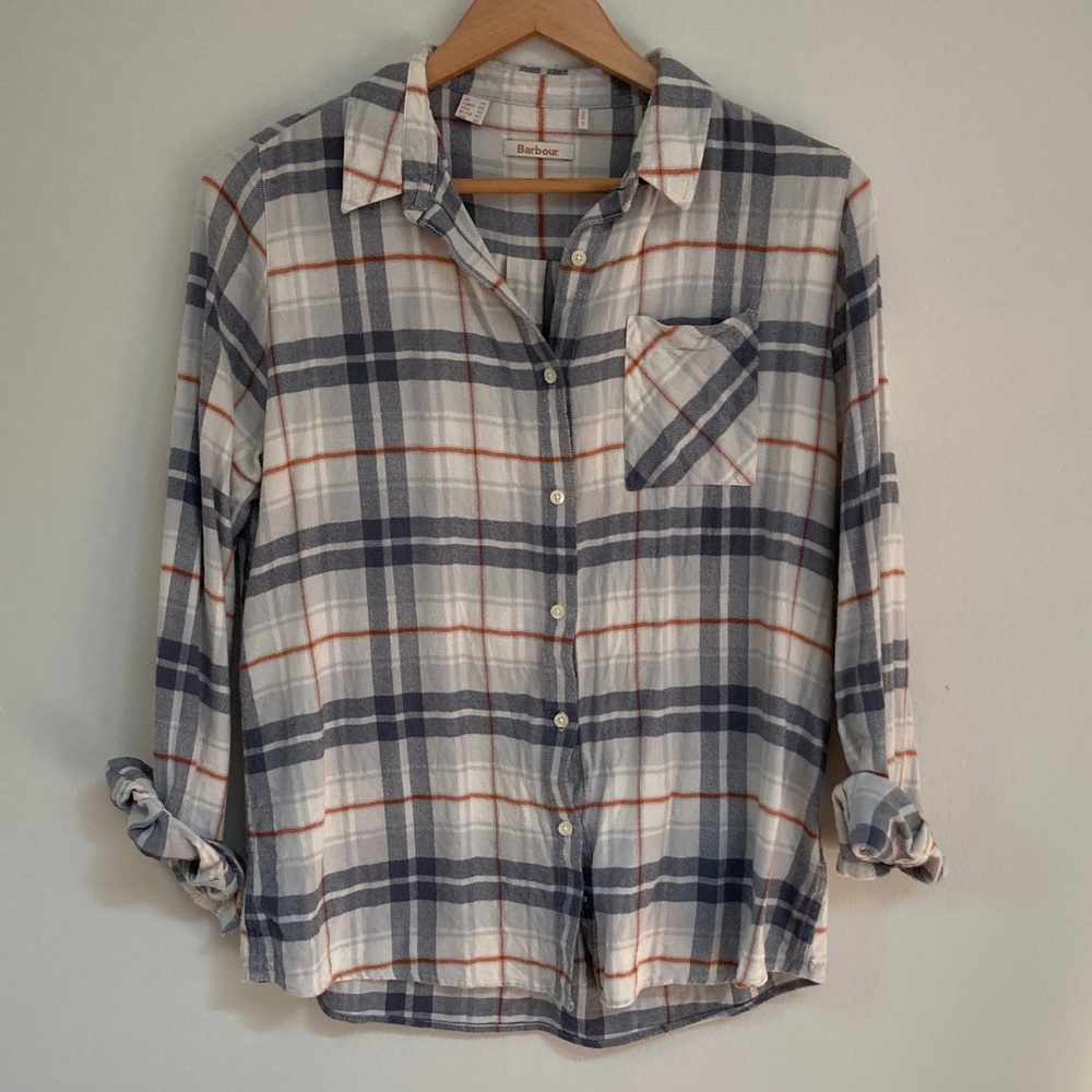 Barbour White, Blue & Orange Plaid Button-Down Shirt Size 10